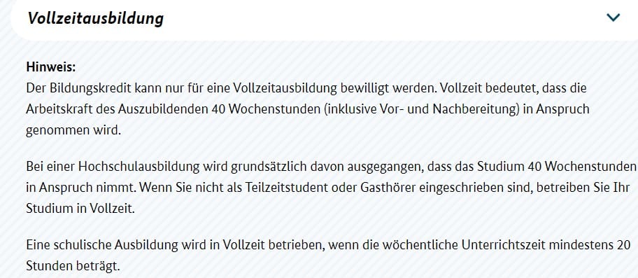 KfW Bank weist darauf hin, dass Stand 2019 nur Vollzeitausbildung gefördert wird - kredit voraussetzungen