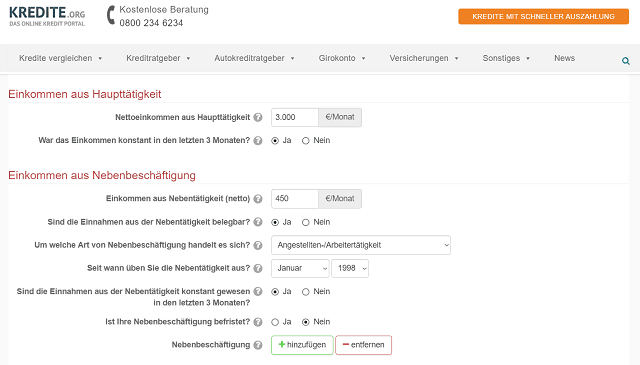 Antragsformular Einkommen als Beispiel