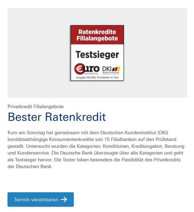 Deutsche Bank Auszeichnung und Siegel für besten Ratenkredit