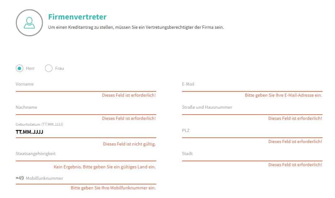 Auf 2. Seite von Lendico Anmeldprozess muss der Firmenvertreter eingegeben werden - Lendico Kredit Erfahrungen
