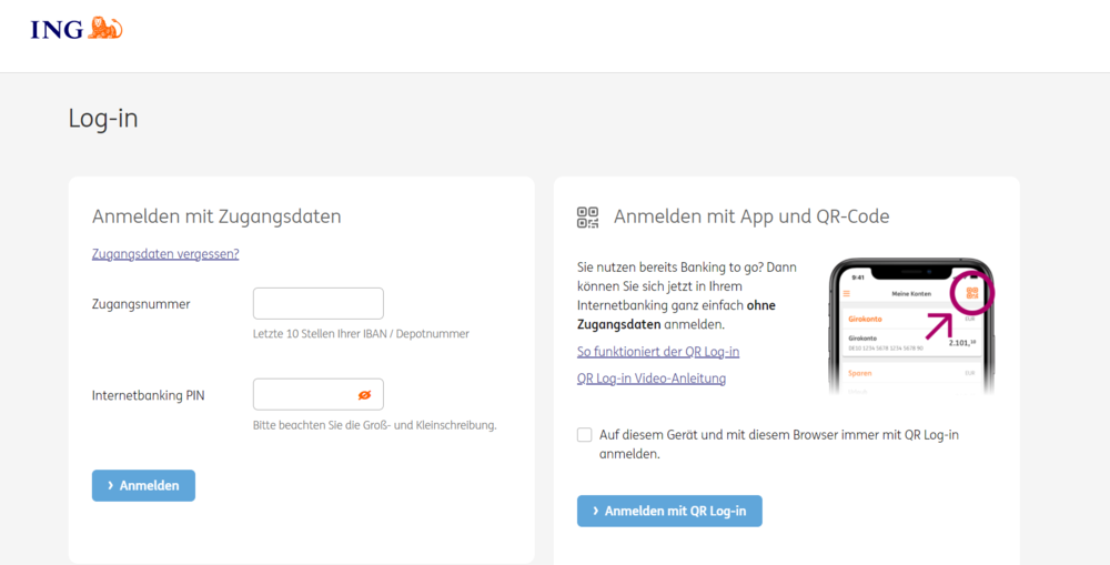 ING Log-In Bereich