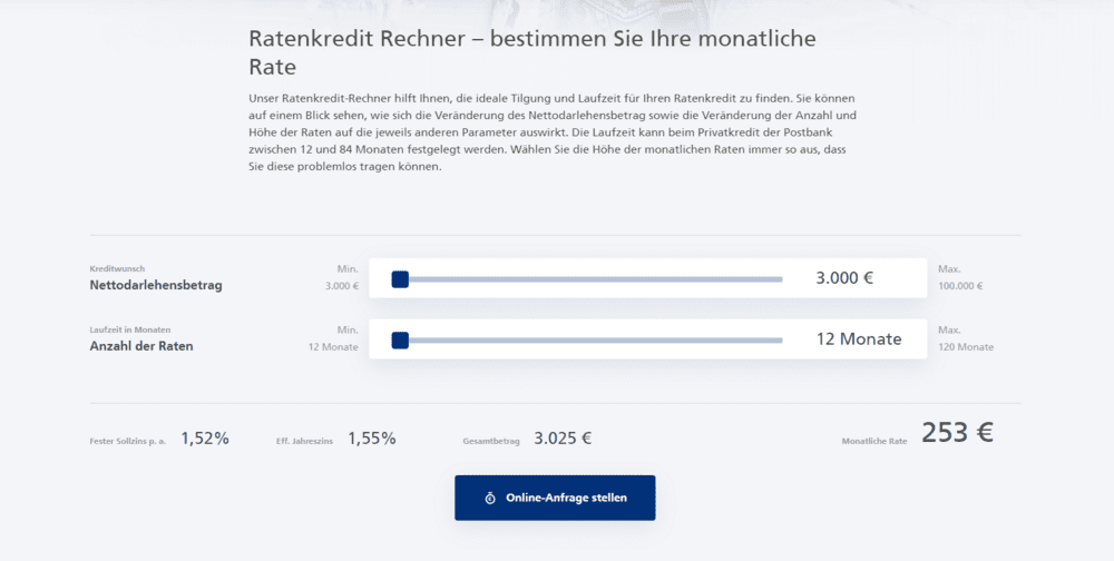 Postbank Betrag auswählen Kreditrechner