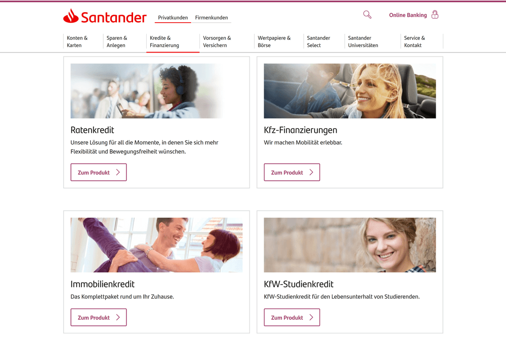 Auf der Santander Webseite werden verschiedene Finanzierungslösungen wie Ratenkredit oder Immobilienkredit vorgestellt.