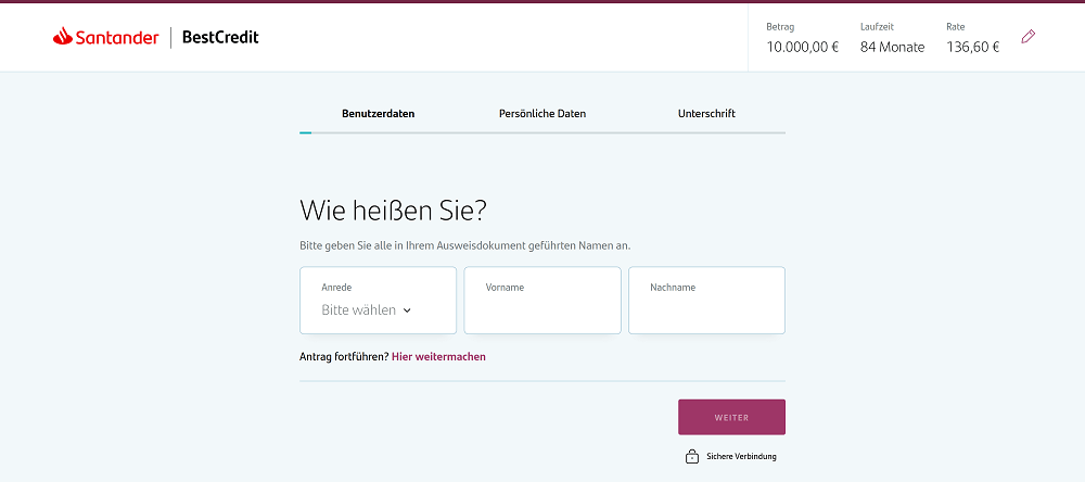 In einem Online-Formular für den Santander Kredit werden persönliche Daten zum Antragsteller abgefragt.