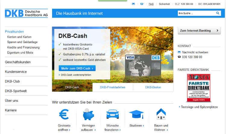 Die Webseite der DKB Bank