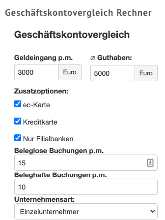 Geschäftskontovergleich Eingabemaske - beste Bank für Selbstständige
