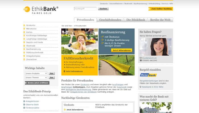 Das Angebot der EthikBank für Privatkunden