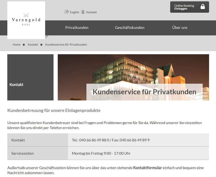 Varengold Bank Anlegerservice Erreichbarkeit