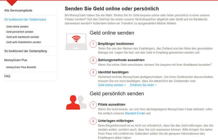 Bei Moneygram haben Sie mehrere Möglichkeiten, Ihr Geld zu versenden (Quelle: Moneygram)