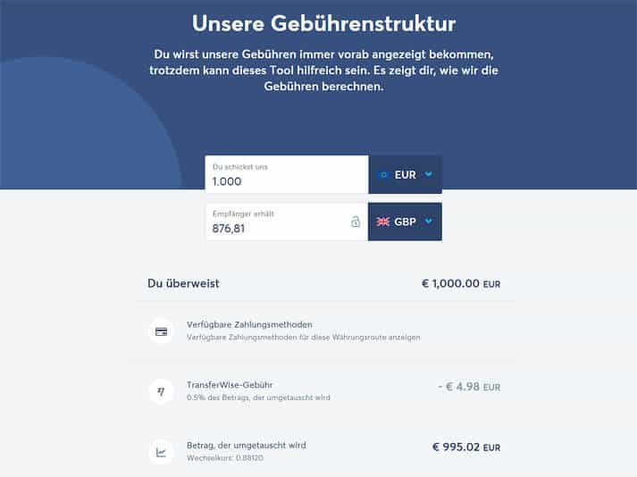 Transferwise setzt auf Transparenz bei den Gebühren (Quelle: Transferwise)