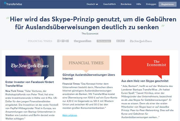 Die Presse verliert nur gute Worte über Transferwise (Quelle: Transferwise)