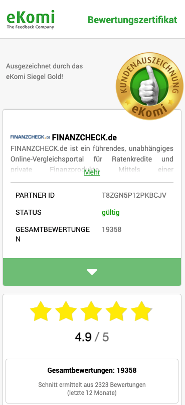 Bewertungszertifikat eKomi - Finanzcheck Erfahrungen