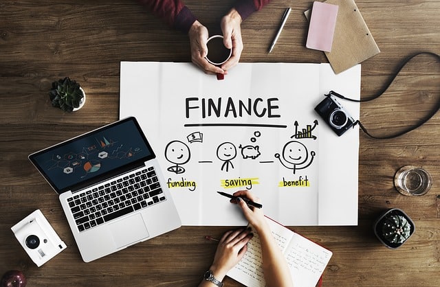 Planung: Blatt mit Schrift Finance, Laptop, Fotoaparat