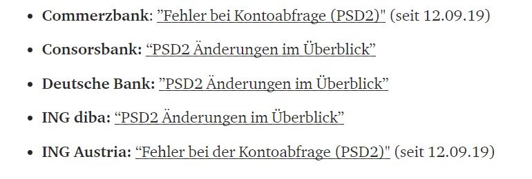 kurze Liste mit fünf Banken und deren Hinweisen zu PSD2-Problemen