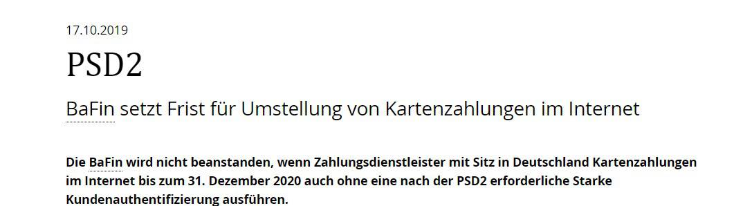 BaFin setzt Frist zu PSD“ bzgl. Umstellung von Kartenzahlungen im Internet