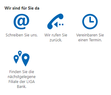 5 verschiedene Buttons zur Kontaktaufnahme mit der LIGA Bank