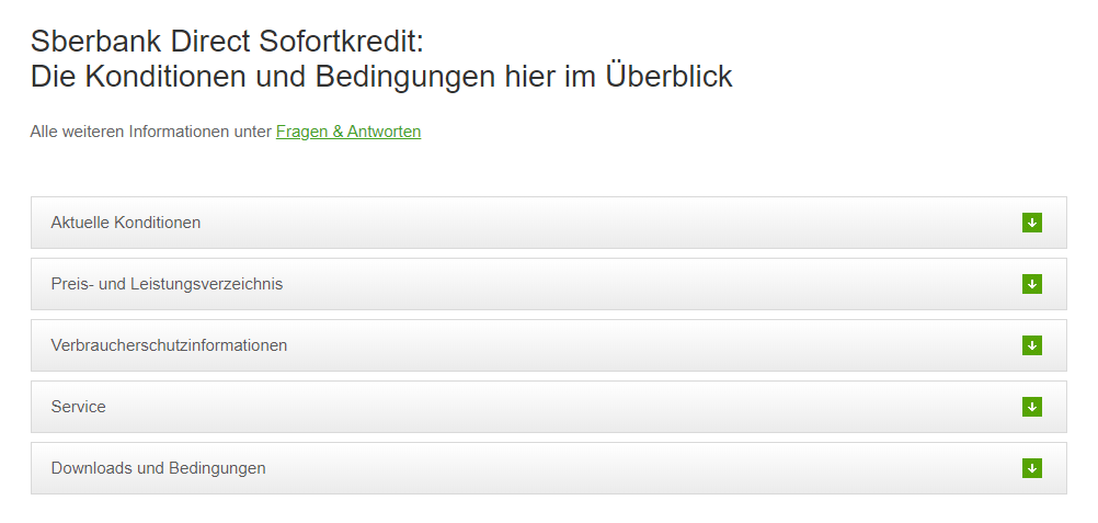 Fragen und Antworten sowie Downloads sind sinnvoll strukturiert unterteilt. - Sberbank Kredit Erfahrung