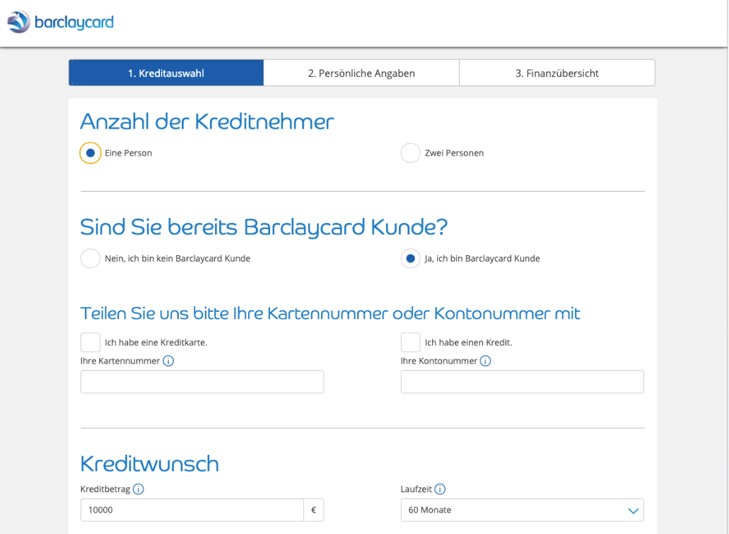 Formular zur Kreditaufstockung bei Barclaycard.