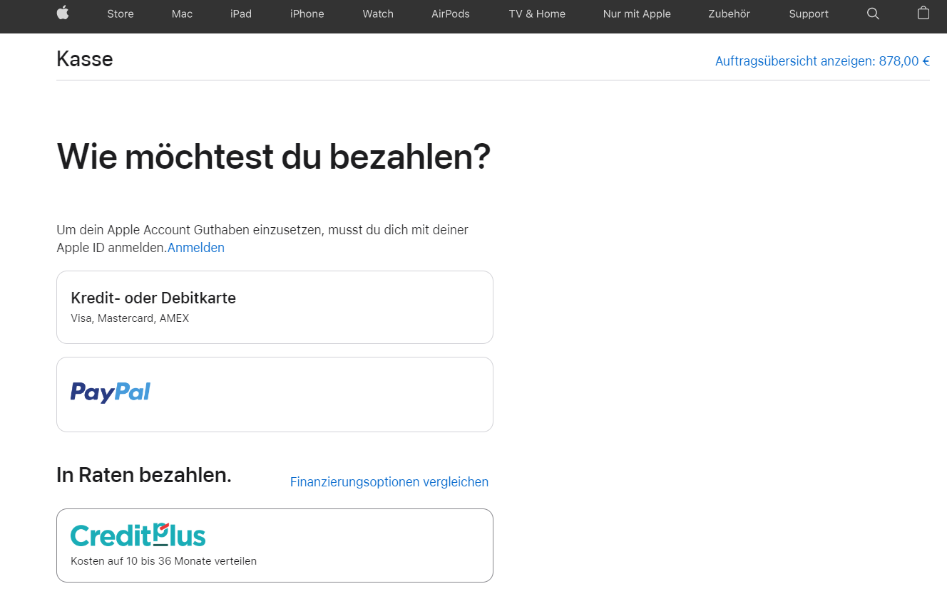 Apple Online Bezahlvorgang Zahlungsmittel Auswahl