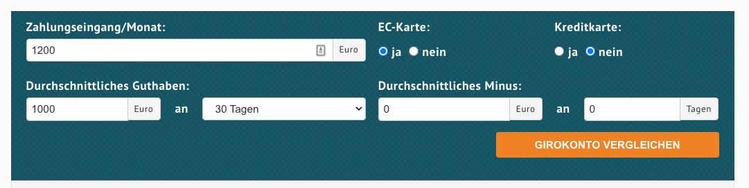 Girokonto Vergleich Eingabemaske