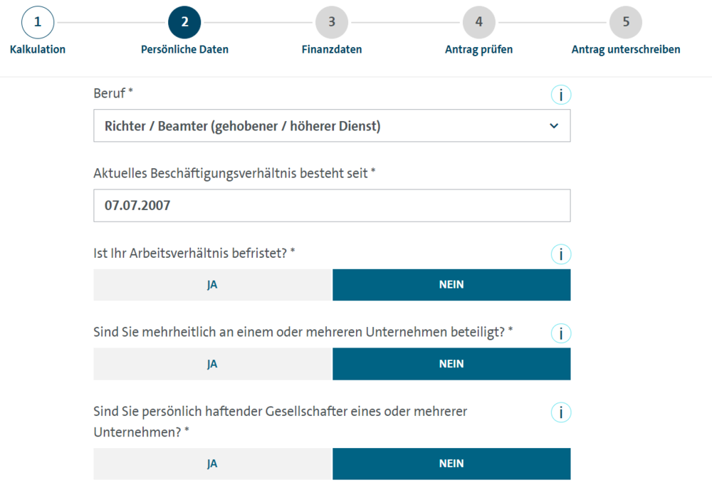 Volkswagen Bank Schritt 2 - Persönliche Daten