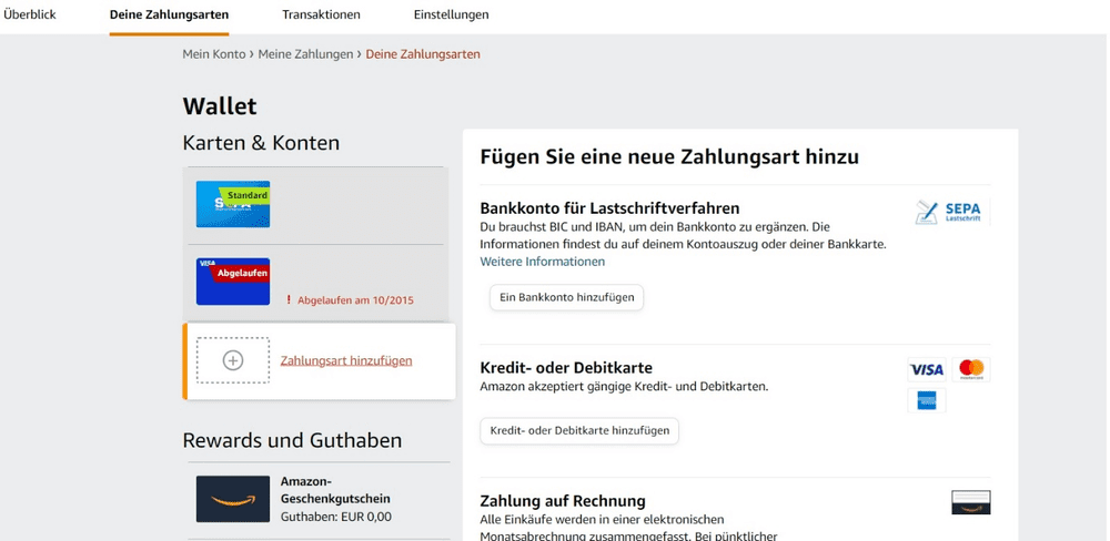 Amazon Karten & Konten Übersicht