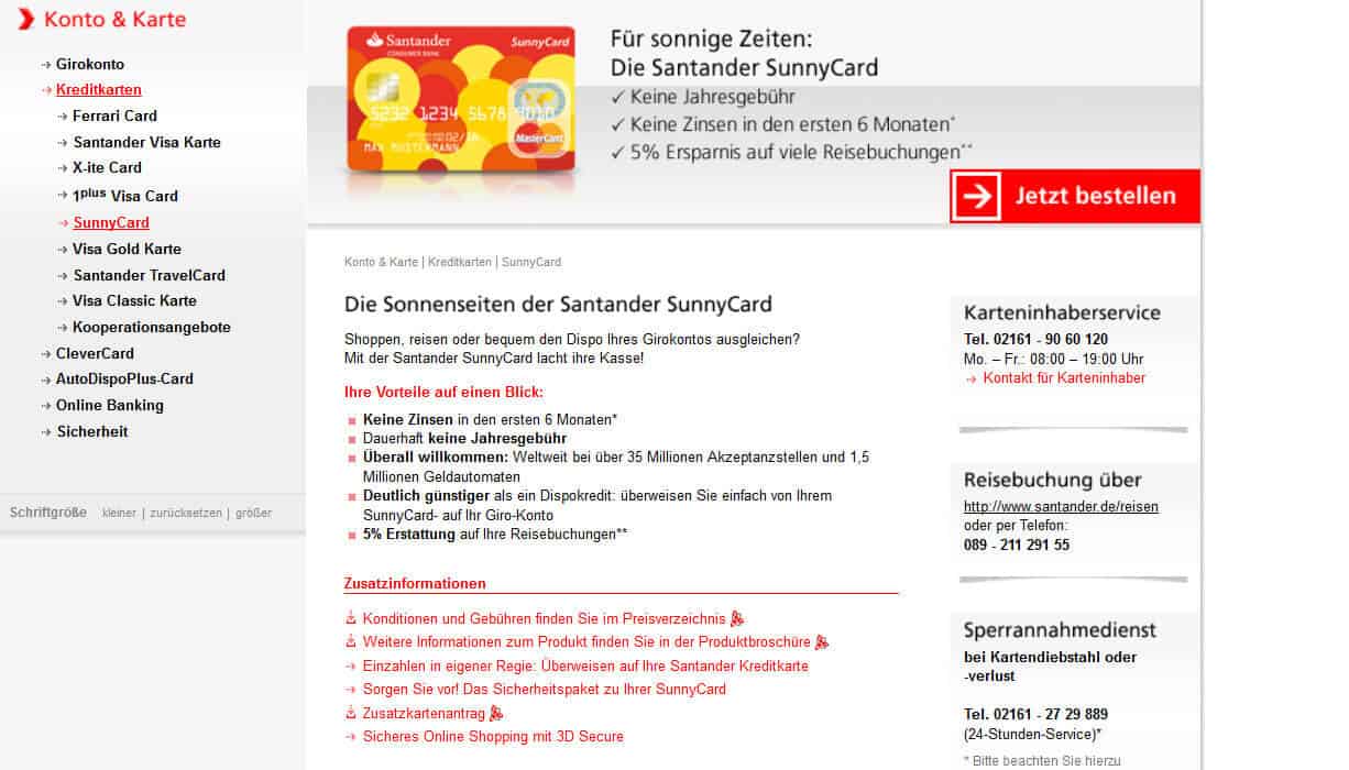 Santander SunnyCard Leistungsübersicht